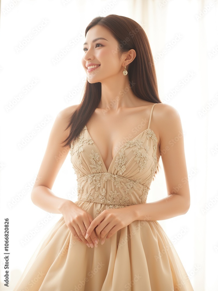Real photo a woman in an evening dress with a low neckline rejoices, white background Real photo a woman in an evening dress with a low neckline rejoices, white background