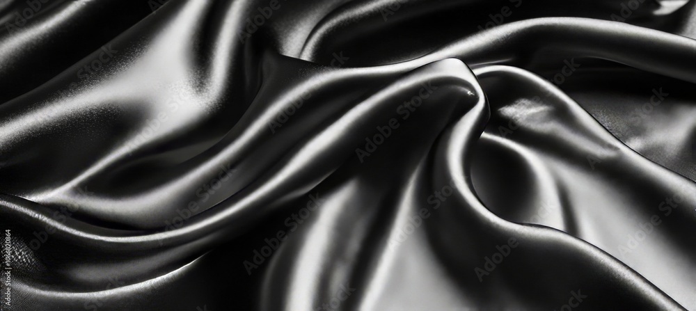 Fototapeta premium Folded Black Satin Fabric Background with Soft Shadows, Highlights, Elegant and Luxurious Texture