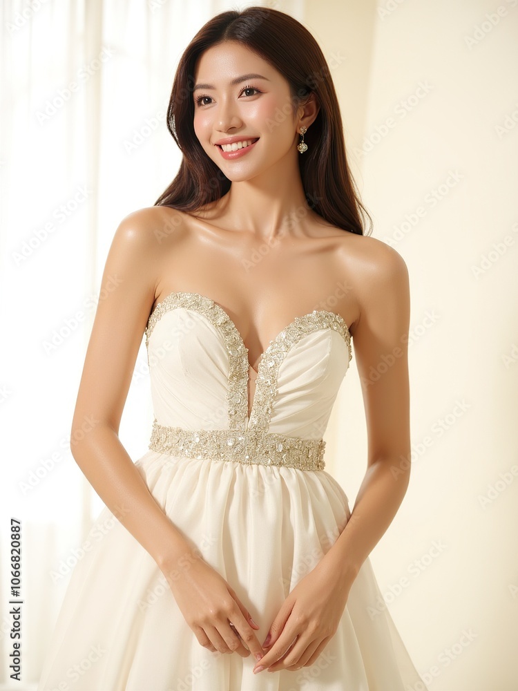 Real photo a woman in an evening dress with a low neckline rejoices, white background Real photo a woman in an evening dress with a low neckline rejoices, white background