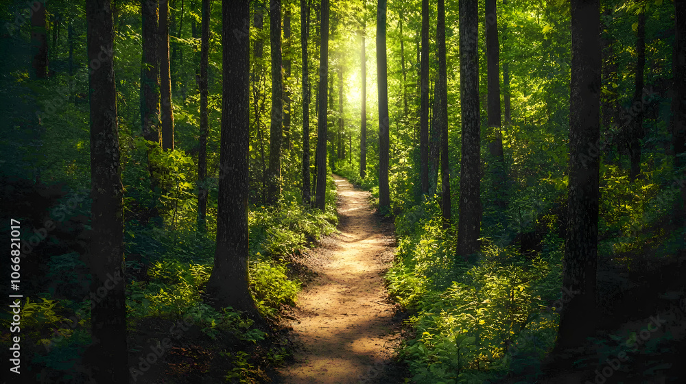 Fototapeta premium Sunbeams illuminate a dirt path winding through a lush forest.