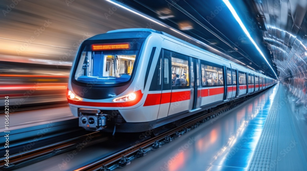 Fototapeta premium Metro train speeding through an underground tunnel, symbolizing rapid transit and city life
