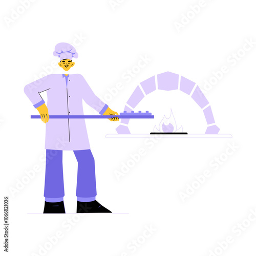 Baker Holding Bread Paddle In Front Of Pizza Oven In Flat Vector Illustration Symbolizing Pizza Making, Culinary Skills, And Baking Process, Isolated On White Background.