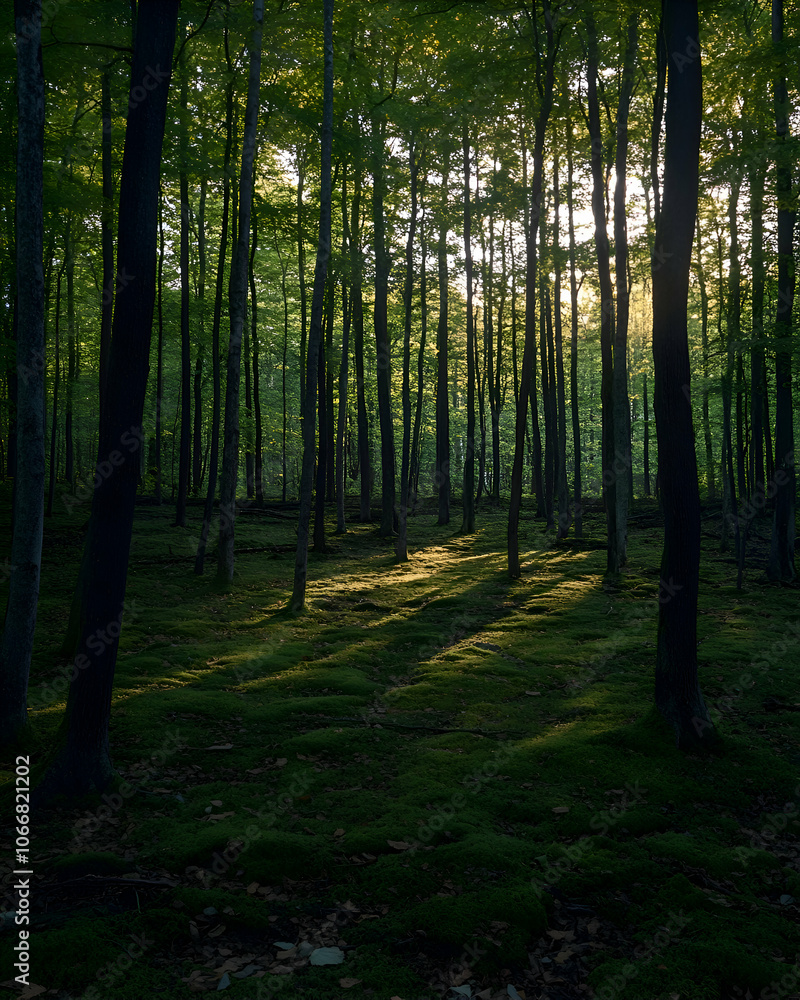 Obraz premium Sunbeams illuminate a mossy forest floor through the dense canopy of trees.