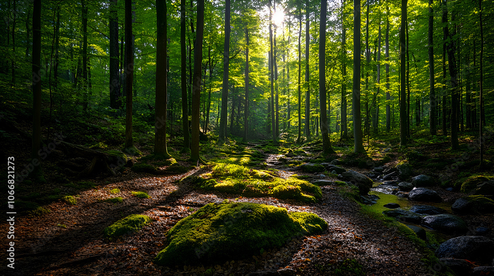 Fototapeta premium Sunbeams illuminate a mossy forest path, with a small stream running through the center.