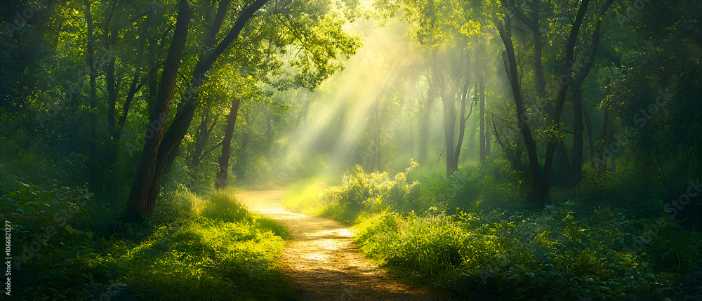 Sunbeams illuminate a path through a lush green forest, casting a magical glow on the foliage and trees. Sunbeams illuminate a path through a lush green forest, casting a magical glow on the foliage and trees.