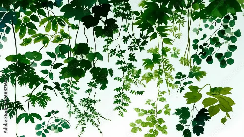 A watercolor painting of green leaves hanging from the ceiling A watercolor painting of green leaves hanging from the ceiling