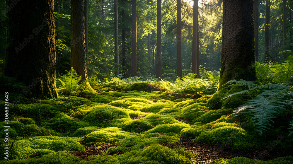 Fototapeta premium Sunlight filters through the canopy of a dense forest, illuminating the mossy forest floor.