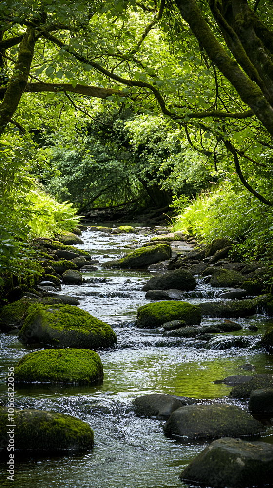 Tranquil forest stream with mossy rocks and lush greenery. Tranquil forest stream with mossy rocks and lush greenery.