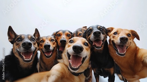  team group row of dogs taking a selfie isolated on white background, smile and happy snapshot