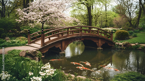 Tranquil Japanese garden with koi pond and wooden bridge.