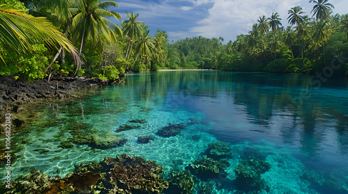 Tranquil lagoon with crystal clear water and coral reefs, surrounded by lush palm trees.