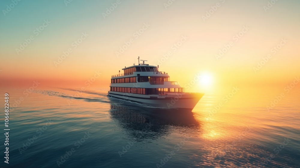 Passenger ferry boat crossing calm waters at sunrise, representing scenic water transport Passenger ferry boat crossing calm waters at sunrise, representing scenic water transport