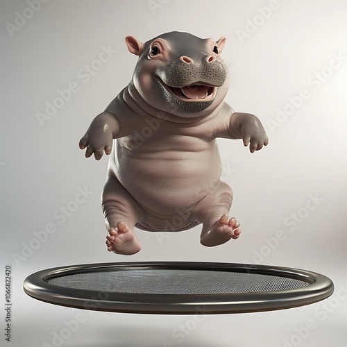 Playful hippo leaps joyfully on a trampoline showcasing fun and whimsy in digital art photo