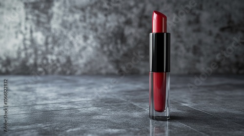 A single red lipstick tube stands on a gray surface against a te photo