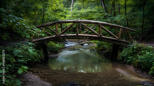 Wooden bridge over a stream in a lush green forest.