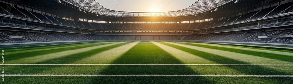 Modern soccer stadium with empty stands, lush green turf under sunlight, panoramic view capturing vast space and architecture Modern soccer stadium with empty stands, lush green turf under sunlight, panoramic view capturing vast space and architecture