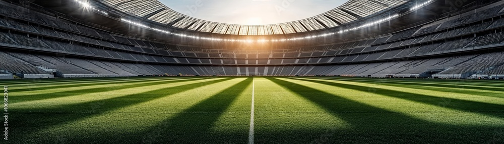 Modern soccer stadium with empty stands, lush green turf under sunlight, panoramic view capturing vast space and architecture Modern soccer stadium with empty stands, lush green turf under sunlight, panoramic view capturing vast space and architecture
