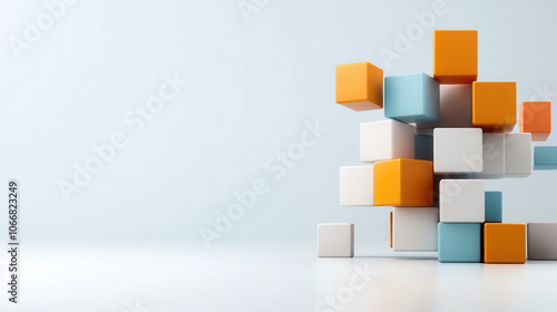 Modern 3D blocks in various colors create unique structure, showcasing creativity and design. arrangement highlights geometric shapes and vibrant hues