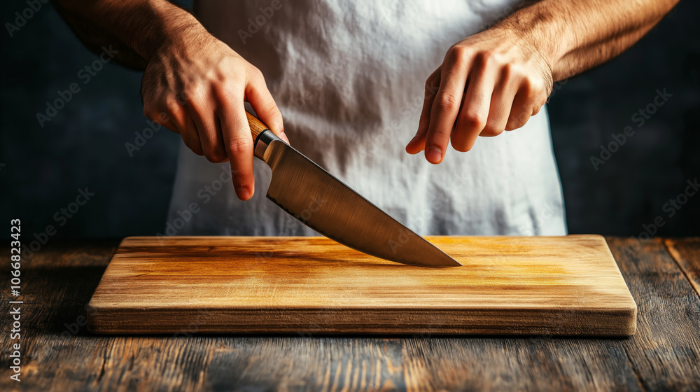 A chef's hands poised over a wooden cutting board with a sharp knife ready for culinary preparation in a cozy kitchen setting A chef's hands poised over a wooden cutting board with a sharp knife ready for culinary preparation in a cozy kitchen setting
