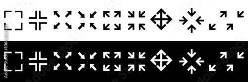 Collection of full screen and exit full screen icons. Arrow mark icons. Scalability icons in flat style for web site, UI, mobile app. Vector illustration isolated on black and white background.