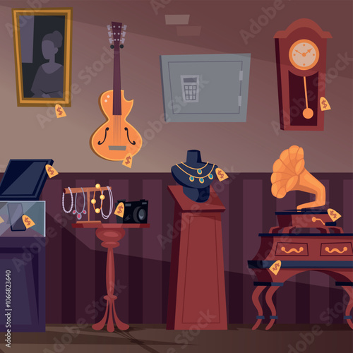 pawn shop. different old treasure in pawn shop jewelry items drawings retro technique gramophone. Vector cartoon background interior