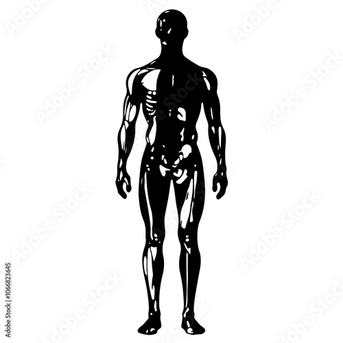 Medical vector diagram of the human anatomy in front view, highlighting skeletal and muscular systems for educational and medical purposes.