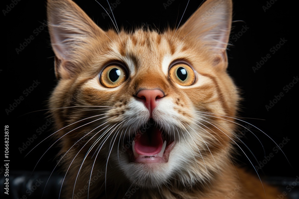 Close-Up of Surprised Ginger Cat with Wide Eyes Against Black Background Capturing Expressive Feline Emotion Close-Up of Surprised Ginger Cat with Wide Eyes Against Black Background Capturing Expressive Feline Emotion