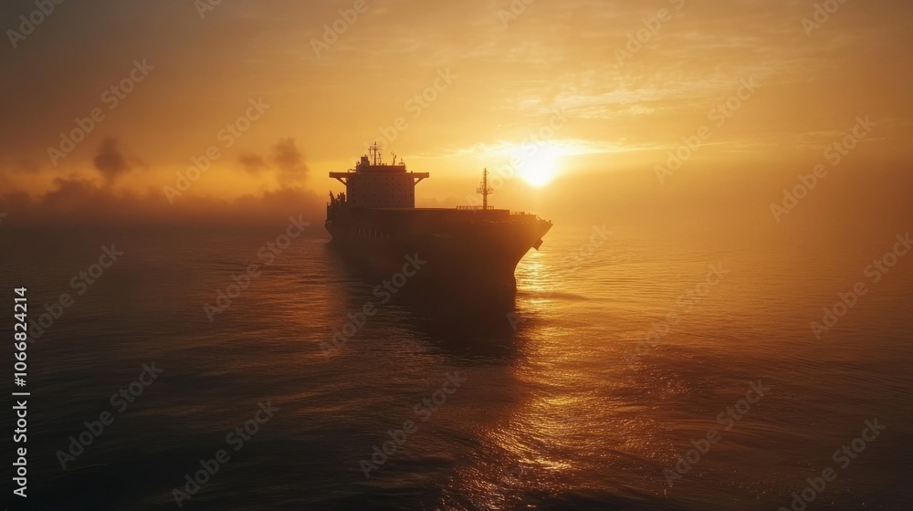 Silhouette of a cargo ship at sunrise on the open ocean, representing global transport and logistics Silhouette of a cargo ship at sunrise on the open ocean, representing global transport and logistics