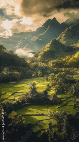 Majestic Philippine rural landscape vector with vibrant greenery, mountainous backdrop, and scenic fields, exuding tranquility and cultural richness.