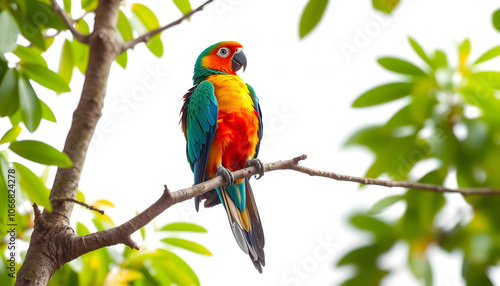 Bright parrot on tree branch against white background. Exotic pet isolated with white shades, png