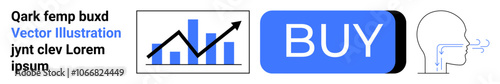 Bars with upward arrow, blue button with word BUY , head silhouette with messaging lines, and sample text. Ideal for business, marketing, growth, web design, user interface, e-commerce