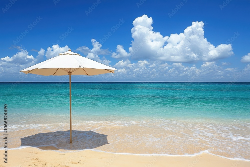 A white beach umbrella stands on a sandy beach. The umbrella is a great addition to any beach scene. A white beach umbrella stands on a sandy beach. The umbrella is a great addition to any beach scene.