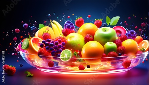 a bowl of colorful abstract fruits, each piece glowing and softly pulsing, symbolizing nutritious variety