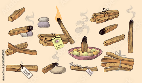 Palo santo. Hand drawn pictures of aroma wood stick for spiritual rituals recent vector aromatherapy natural items