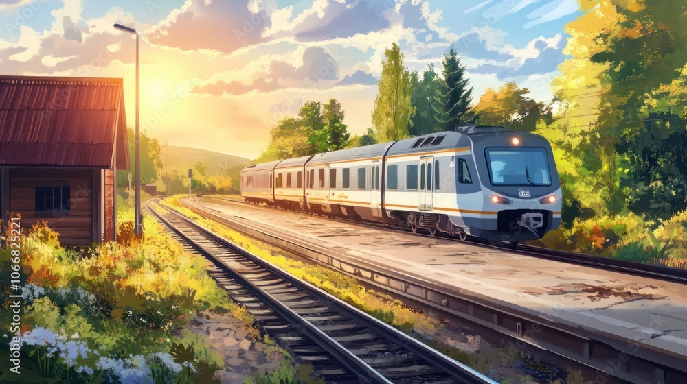 Fototapeta premium Train departing a rural station, symbolizing scenic rail journeys and countryside travel