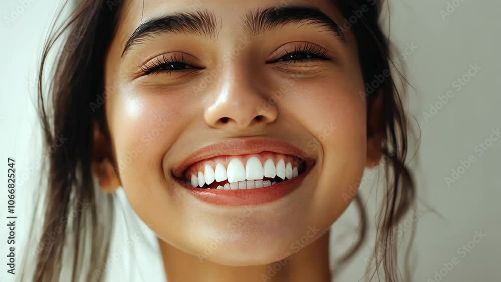 A woman with dark hair smiles brightly with her white teeth showing A woman with dark hair smiles brightly with her white teeth showing
