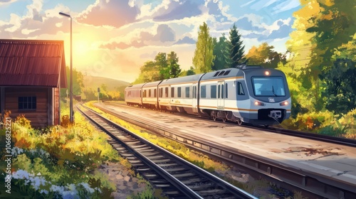 Train departing a rural station, symbolizing scenic rail journeys and countryside travel