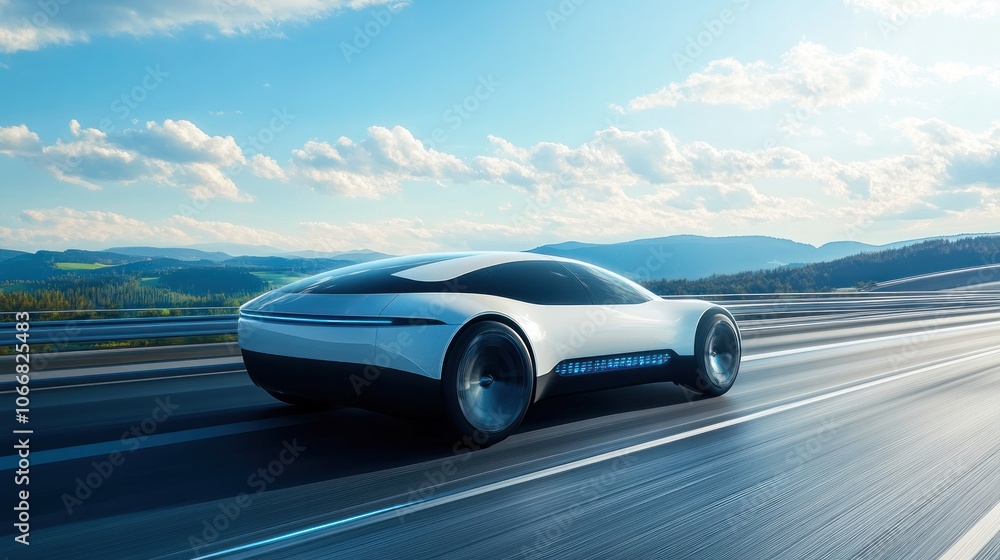 A sleek, futuristic autonomous car driving smoothly on an open highway A sleek, futuristic autonomous car driving smoothly on an open highway