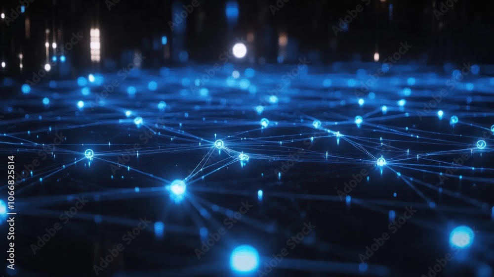 3D digital network with blue nodes, symbolizing interconnected technology systems 3D digital network with blue nodes, symbolizing interconnected technology systems