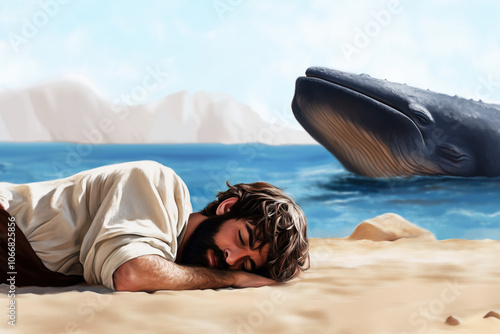 Artistic depiction of the biblical story of Jonah lying on a sandy beach, exhausted after being saved from a whale, under a serene sky. photo