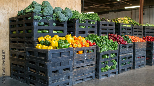 Fototapeta Naklejka Na Ścianę i Meble -  Crates of fresh produce stacked neatly in a warehouse, showcasing a variety of vibrant fruits and vegetables ready for distribution