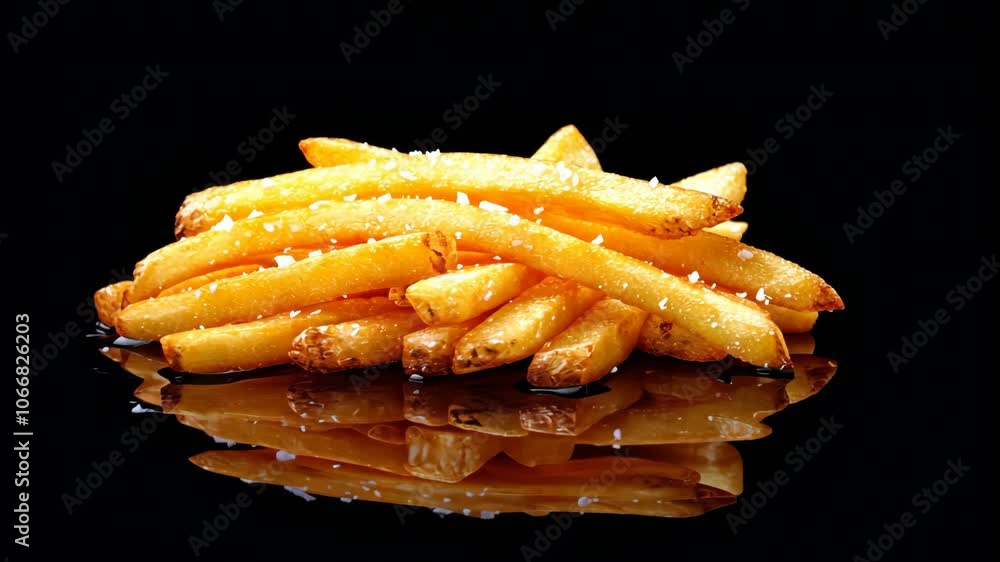 A pile of crispy, golden french fries dusted with salt sits on a black surface A pile of crispy, golden french fries dusted with salt sits on a black surface