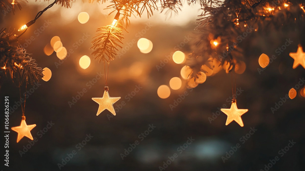Fototapeta premium Warm golden light illuminates decorative stars hanging from a tree during a festive evening