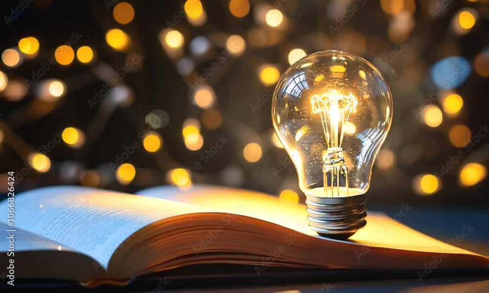 A light bulb on an open book with blurred lights in the background.