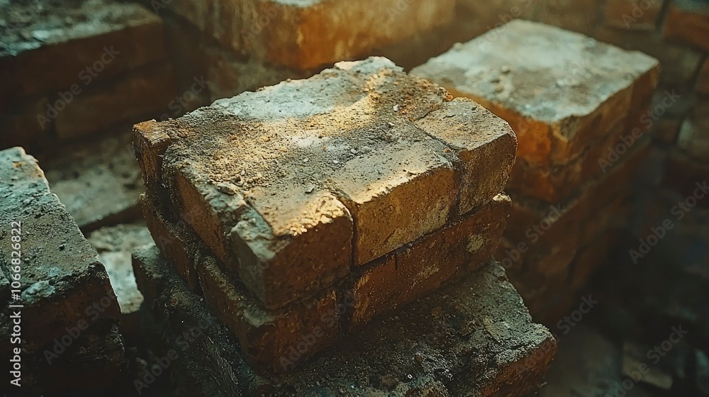 Stack of weathered bricks illuminated by sunlight Stack of weathered bricks illuminated by sunlight