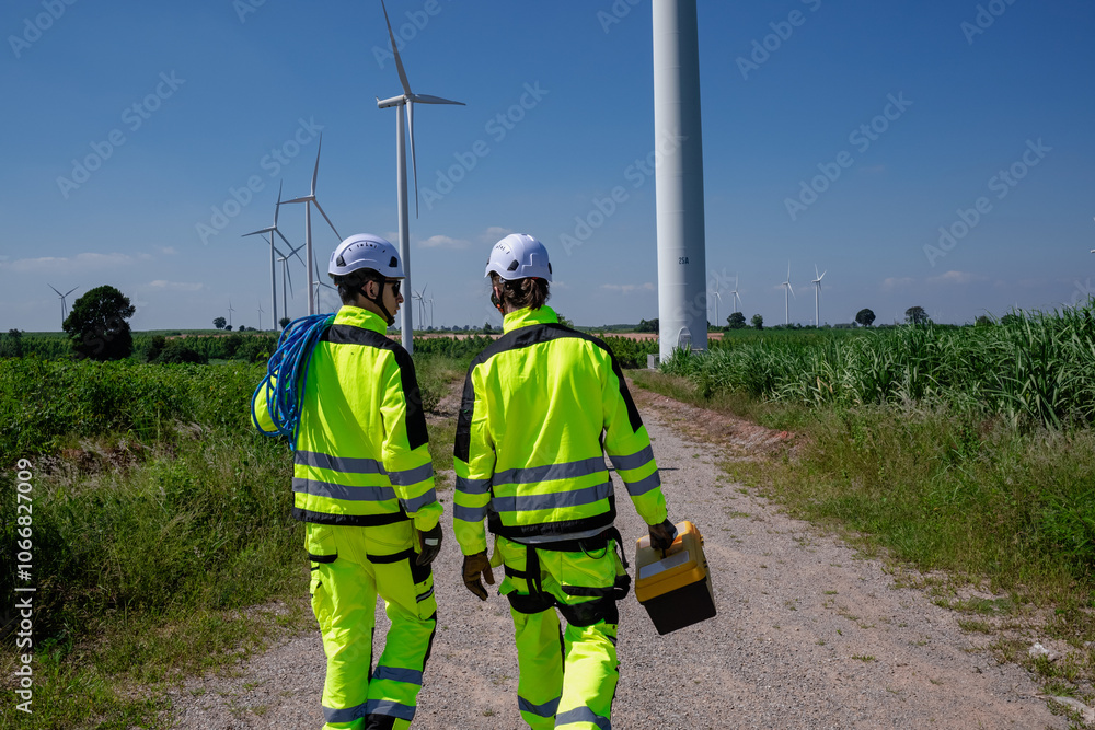Maintenance engineer team standing at windmills at wind turbine farm. Skill people working outdoors at alternative renewable energy wind power station. Sustainable clean energy technology. Ecology Maintenance engineer team standing at windmills at wind turbine farm. Skill people working outdoors at alternative renewable energy wind power station. Sustainable clean energy technology. Ecology