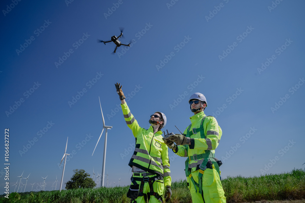 Maintenance engineer team working at wind turbine farm. Skill people using drone flying navigating above alternative renewable energy wind power station. Sustainable clean energy technology. Ecology Maintenance engineer team working at wind turbine farm. Skill people using drone flying navigating above alternative renewable energy wind power station. Sustainable clean energy technology. Ecology