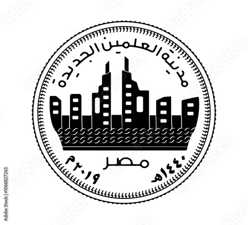 50 piastres of Egypt. 50 Qirsh. 50 piastres Egypt, city of El Alamein. Obverse of Egyptian fifty piastres coin in vector illustration. The coin is depicted in black and white.