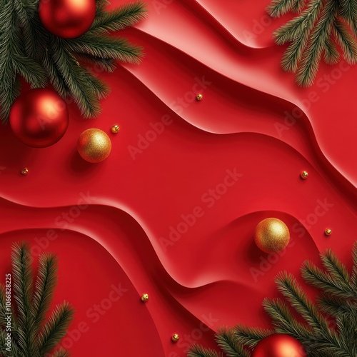 Red and Gold Christmas Ornaments on Wavy Red Background photo