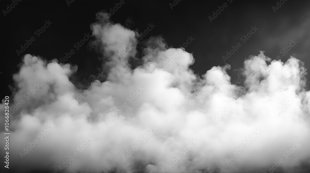 Thick, puffy white smoke billowing against a dark black background, creating a dramatic and ethereal contrast between light and dark elements Thick, puffy white smoke billowing against a dark black background, creating a dramatic and ethereal contrast between light and dark elements